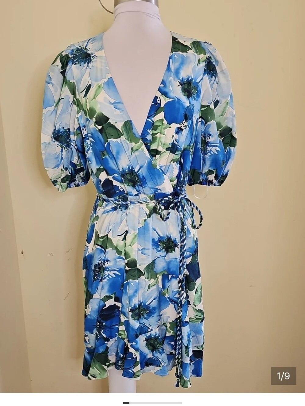 Alex Marie Blue & Green Floral Wrap Mini Dress